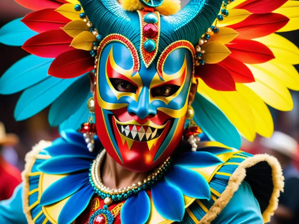 Un espectáculo impactante: danzantes de La Diablada boliviana con máscaras ornamentadas y trajes coloridos, capturados en pleno festival callejero