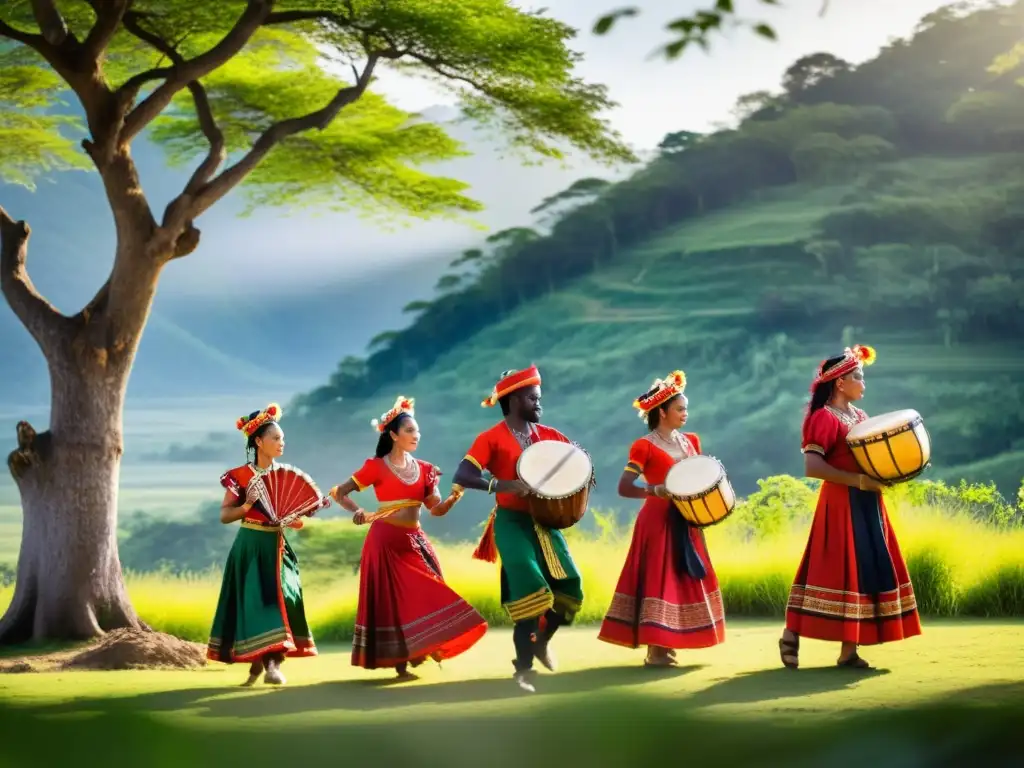 Un espectáculo de músicos y bailarines tradicionales bajo el cielo abierto, en un paisaje verde exuberante