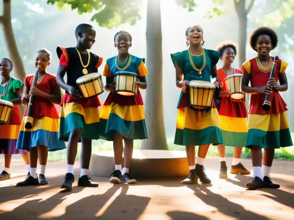 Estudiantes africanos tocan percusión con intensa concentración y alegría bajo la luz del sol entre árboles