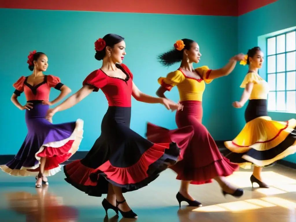 Estudiantes apasionados de flamenco practican en una academia de flamenco en España, con trajes tradicionales y movimientos expresivos