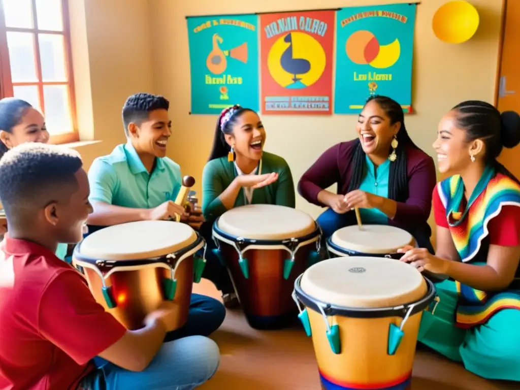 Estudiantes apasionados tocan instrumentos latinoamericanos en un alegre aula