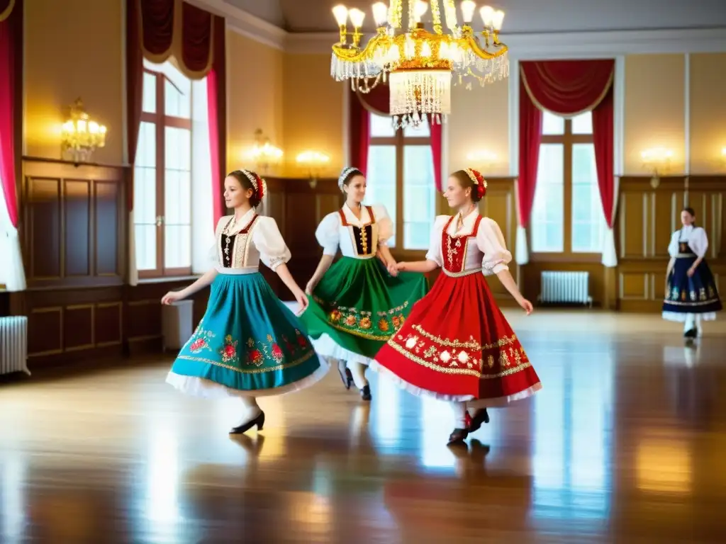 Estudiantes practicando el baile tradicional polaco en un salón ornado, con expresiones de orgullo