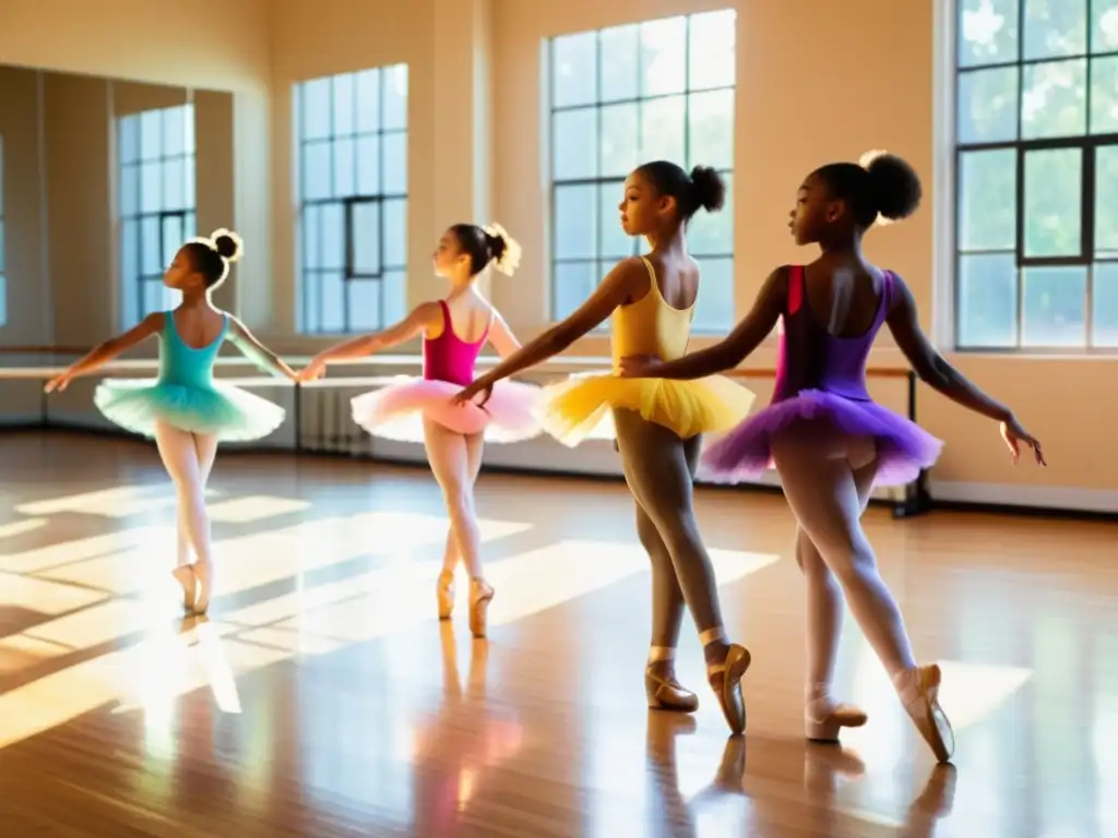 Estudiantes de ballet practican con determinación en un estudio iluminado por el sol