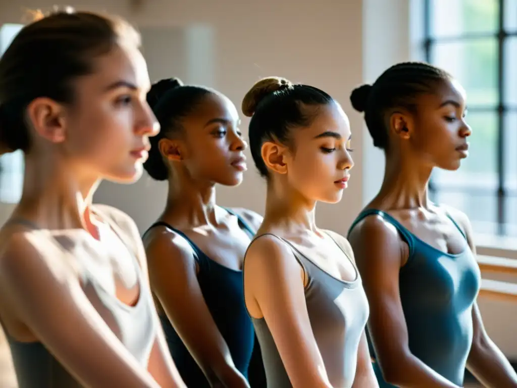 Estudiantes de ballet practican con pasión en un estudio iluminado naturalmente