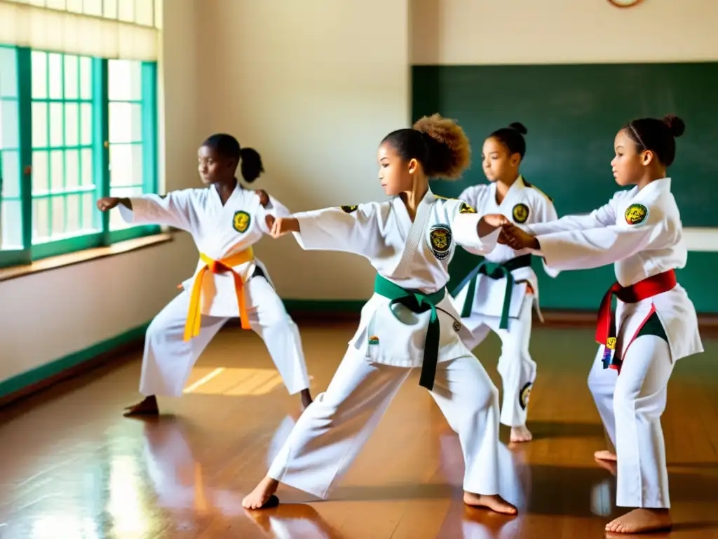 Estudiantes practican capoeira con determinación en aula iluminada