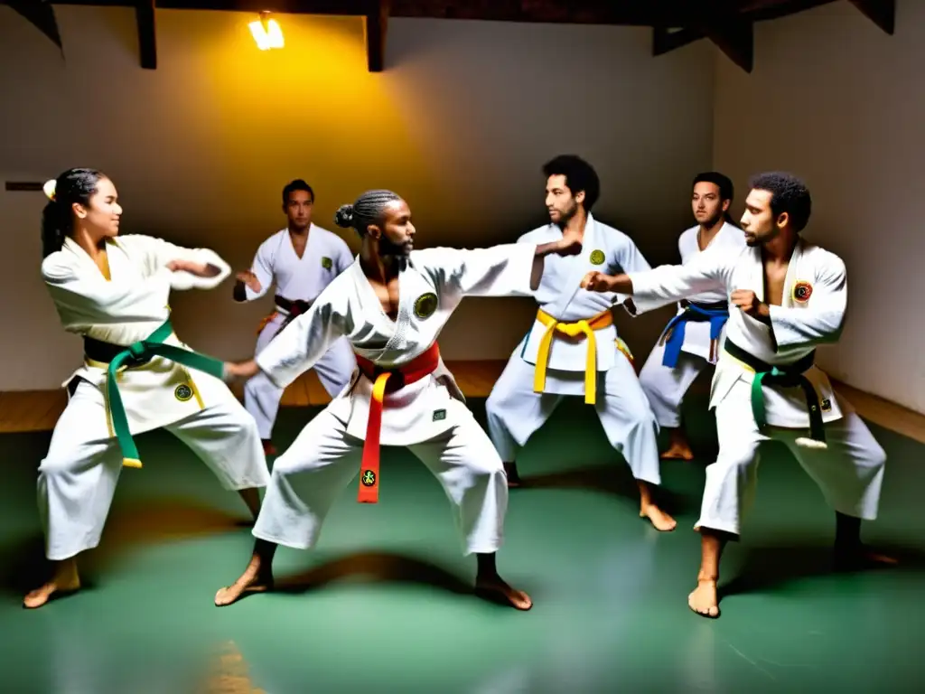 Estudiantes de capoeira en un juego dinámico de roda en un estudio histórico, lleno de energía y pasión