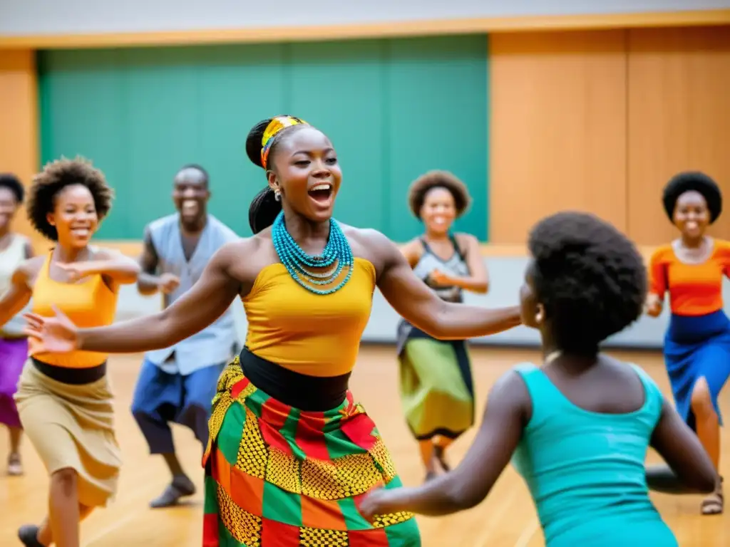 Estudiantes participan en una clase de danza africana con vestimenta tradicional y movimientos corporales vibrantes