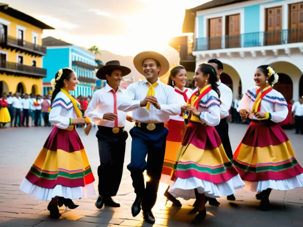 Estudiantes colombianos bailan cumbia en la plaza al atardecer, transmitiendo alegría y orgullo cultural