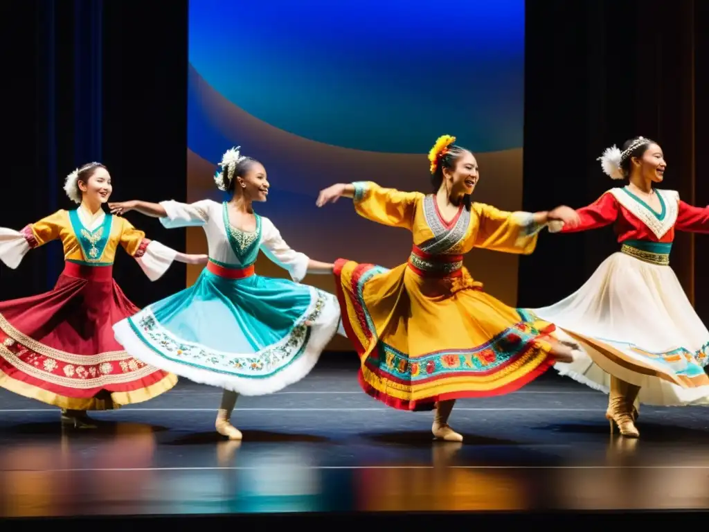 Estudiantes de diferentes culturas danzando en colaboración, integración de danzas tradicionales en educación