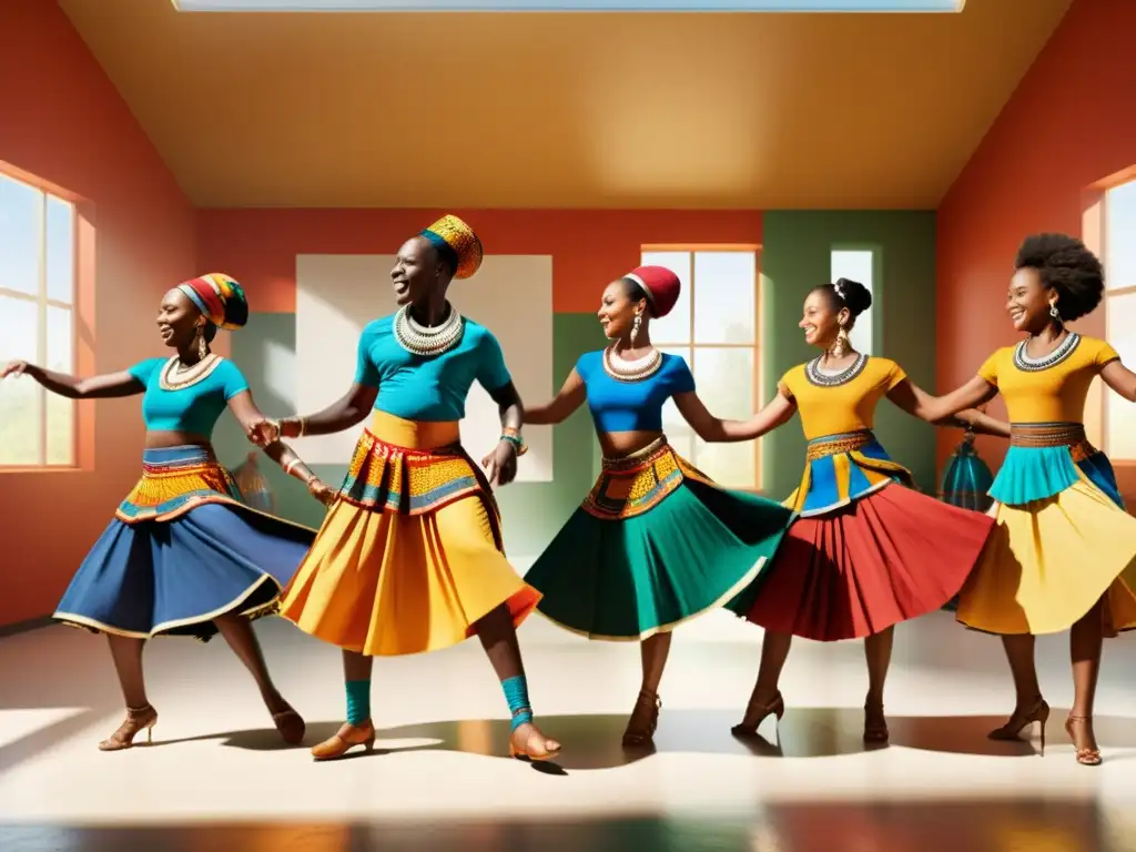 Estudiantes bailando danza africana con coloridos atuendos tradicionales, expresando alegría y pasión