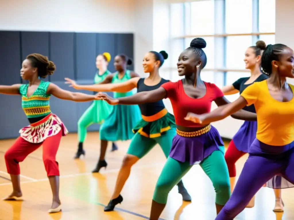 Estudiantes aprendiendo danza africana con movimientos expresivos y trajes vibrantes