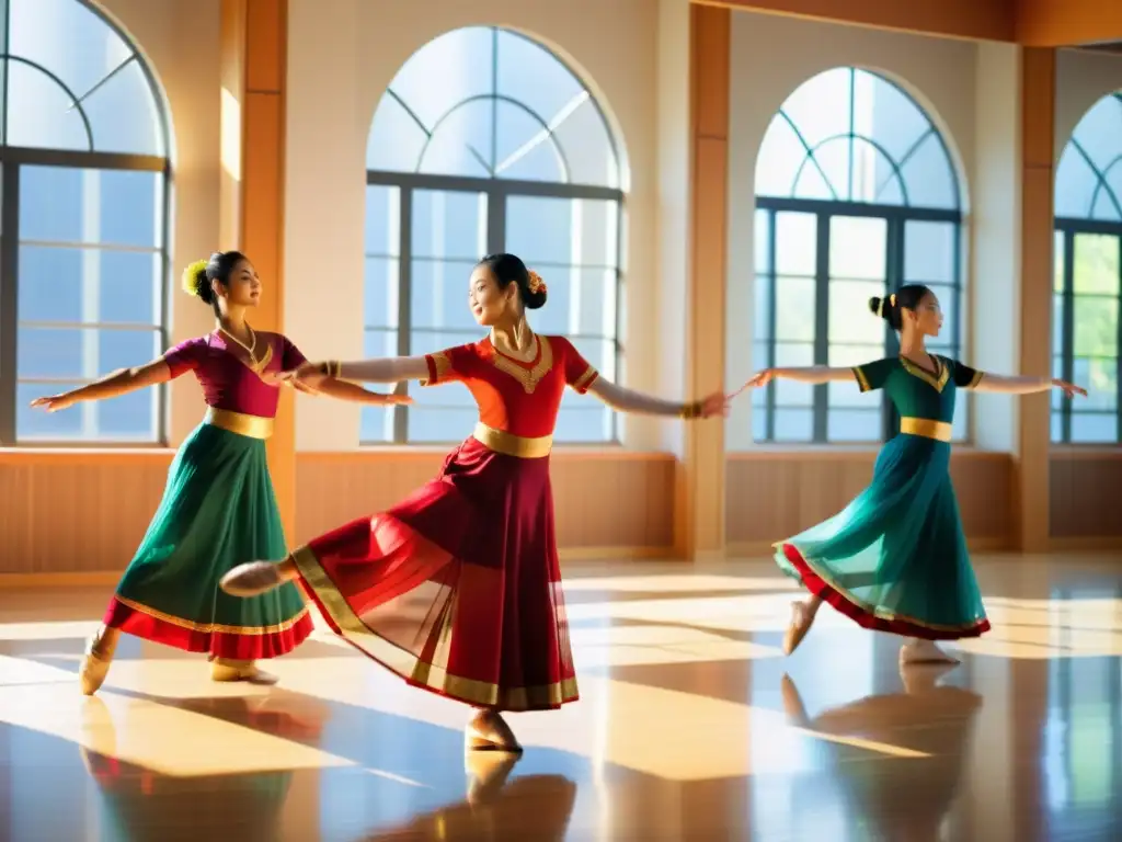 Estudiantes de danza asiática en Occidente bailando con gracia y colorido, fusionando tradiciones en un estudio de danza occidental