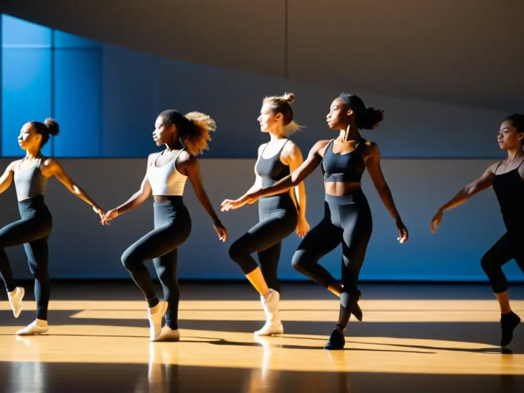 Estudiantes de danza contemporánea en un estudio soleado, concentrados en innovaciones pedagógicas del baile en Europa