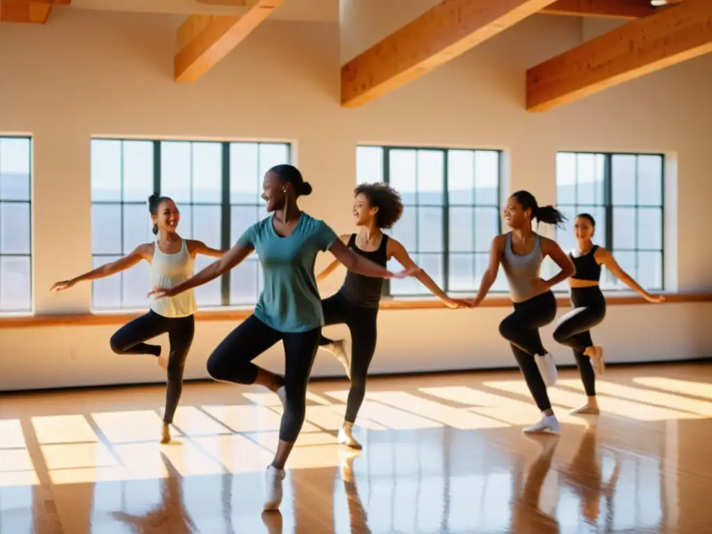 Estudiantes de danza de todas las edades practican apasionadamente movimientos en un estudio luminoso