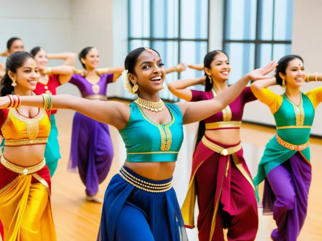 Estudiantes de danza india moderna online ejecutan movimientos de Bollywood con alegría y determinación en un estudio vibrante