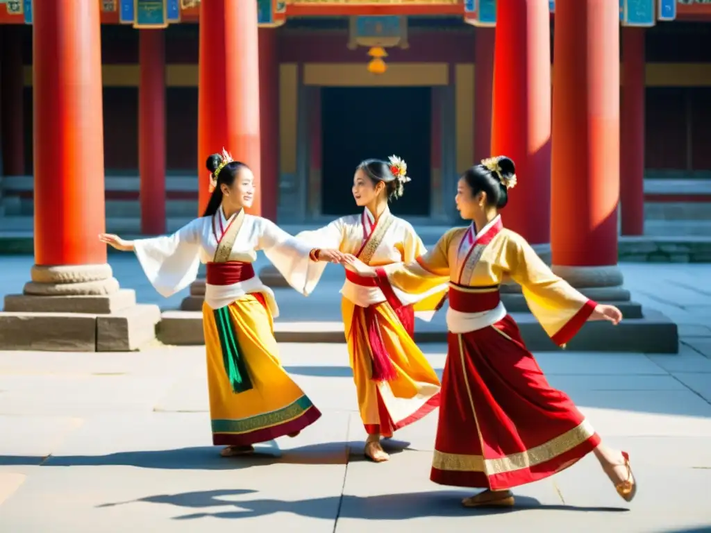 Estudiantes realizando danza sagrada en templo asiático, significado cultural danza educación religiosa Asia