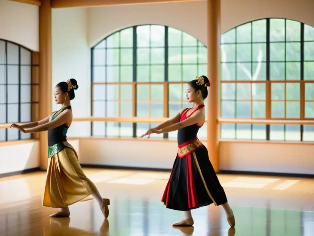 Estudiantes practican danza tradicional asiática en un hermoso estudio lleno de luz natural y decorado con arte y símbolos culturales asiáticos