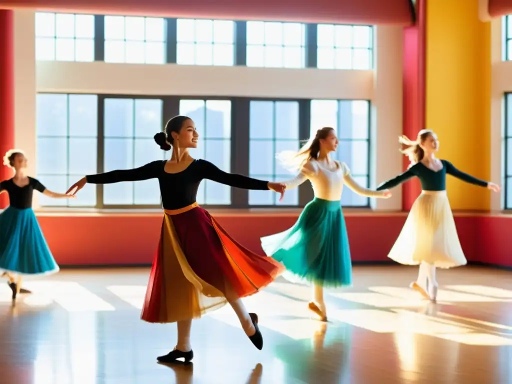 Estudiantes disfrutan de la danza tradicional en educación europea en un estudio soleado y colorido, guiados por un instructor sonriente