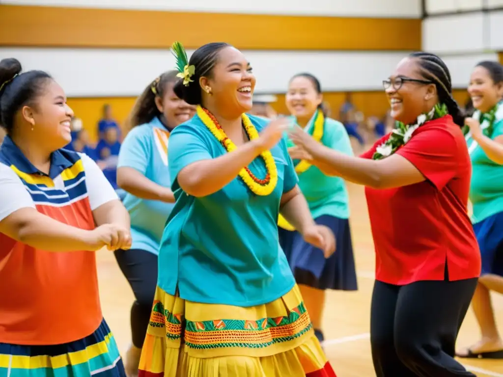 Estudiantes diversos participan alegremente en una danza tradicional de Oceanía en un gimnasio escolar, en una atmósfera de inclusión y energía