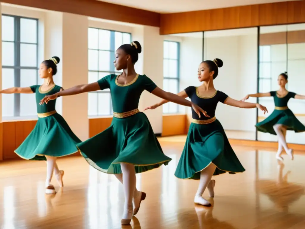 Estudiantes practican danza tradicional con instructor apasionado en estudio luminoso