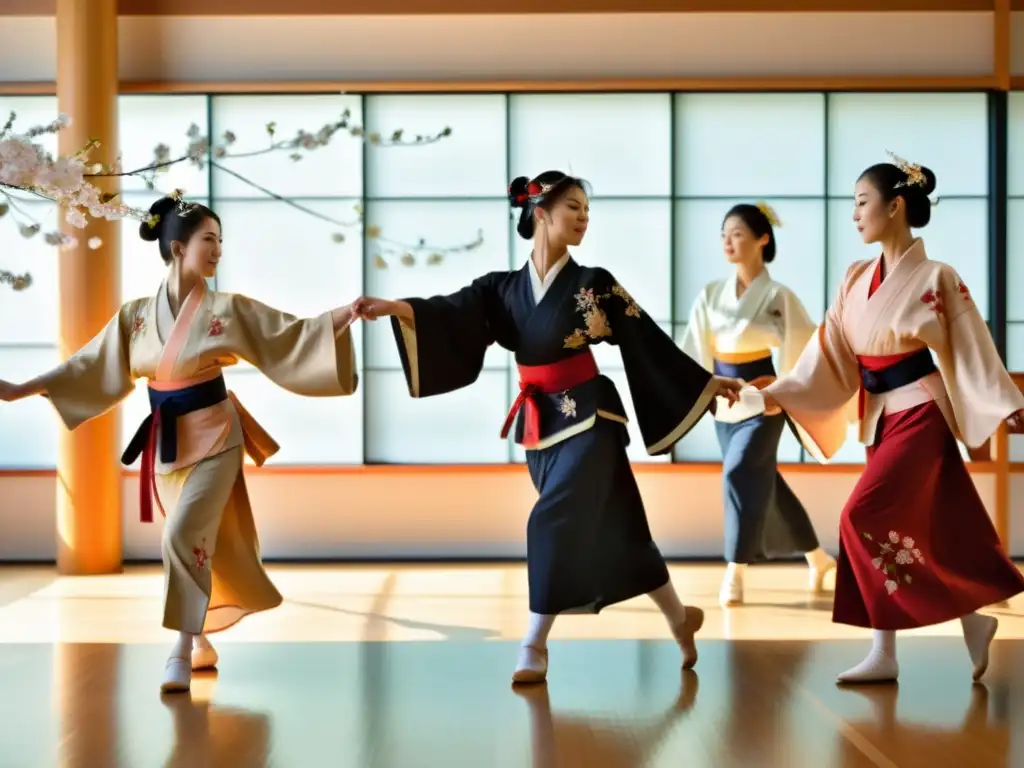 Estudiantes practican danza tradicional japonesa en un estudio soleado con motivos de cerezos