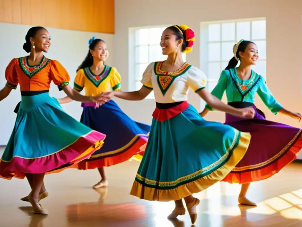 Estudiantes practican danzas folclóricas en un estudio soleado, mostrando energía y tradición con sus coloridos trajes