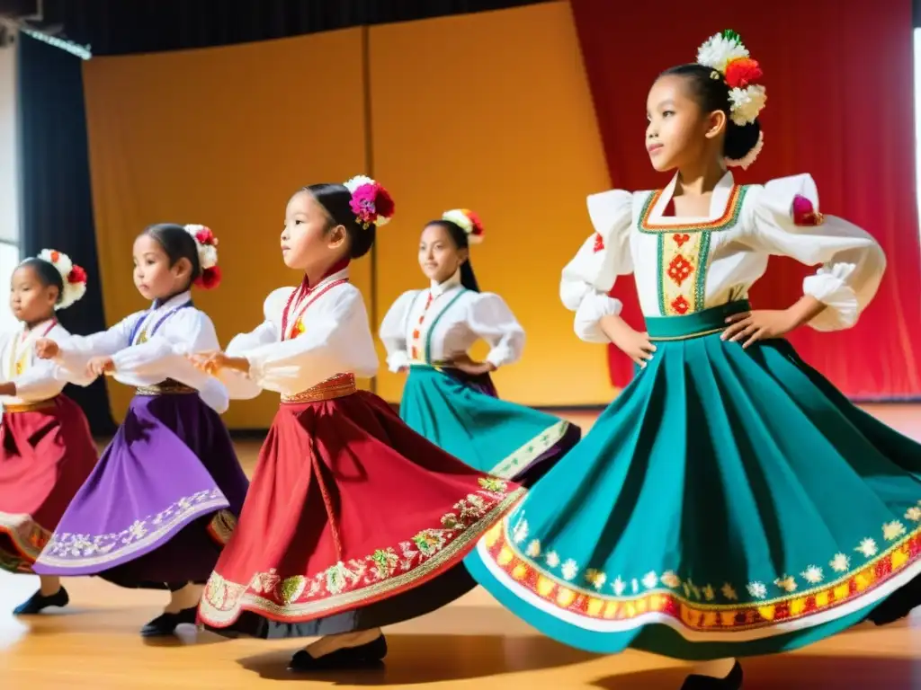 Estudiantes practican danzas folclóricas en un estudio soleado, con trajes tradicionales y decoraciones coloridas