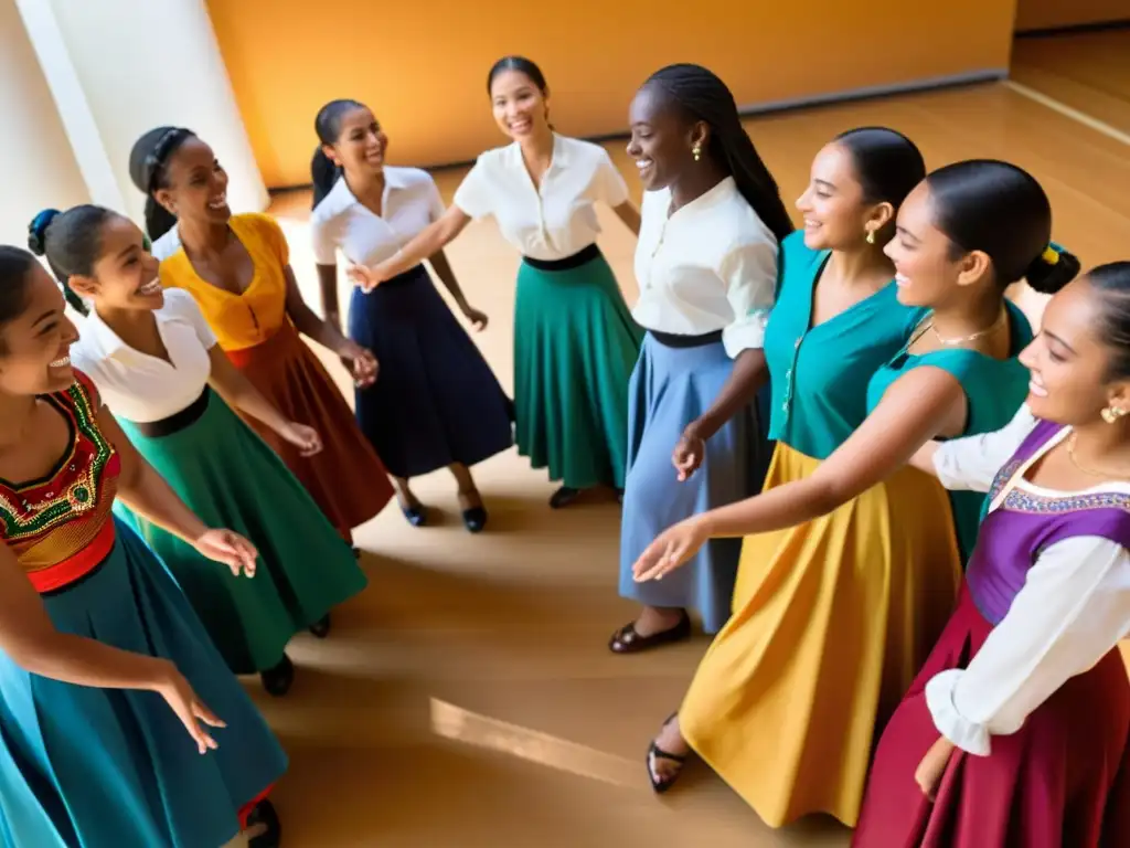 Estudiantes bailando danzas latinoamericanas en grupo, con energía y alegría