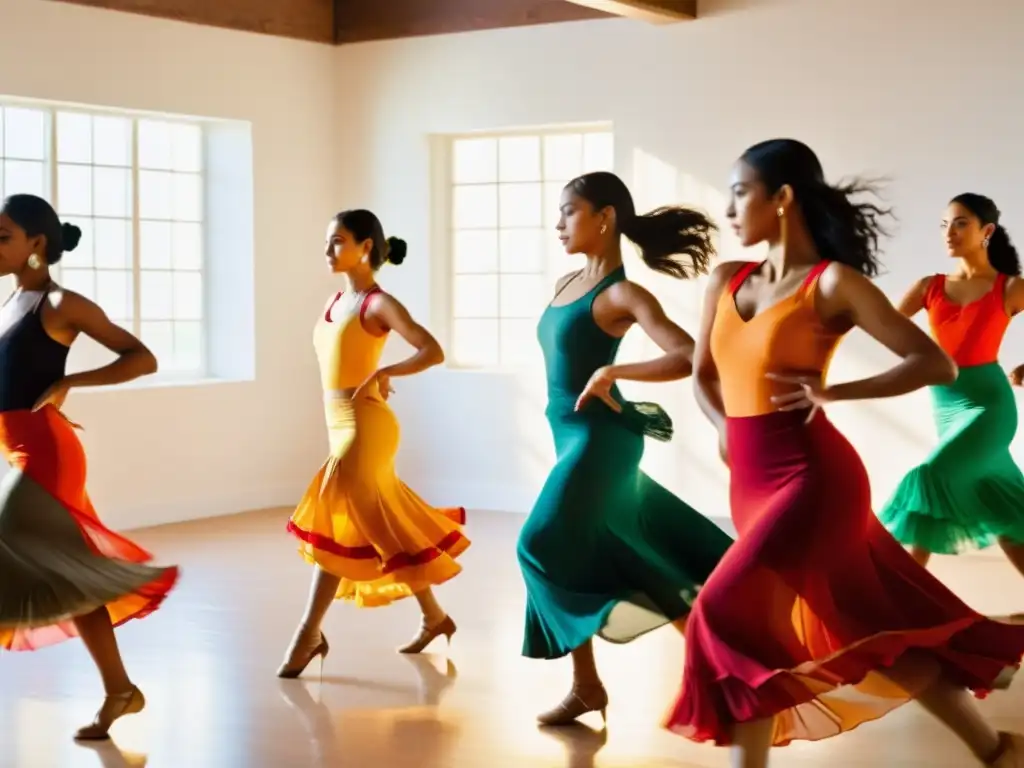 Estudiantes practicando danzas del mundo con pasión y dedicación en un estudio soleado, reflejando la diversidad y energía