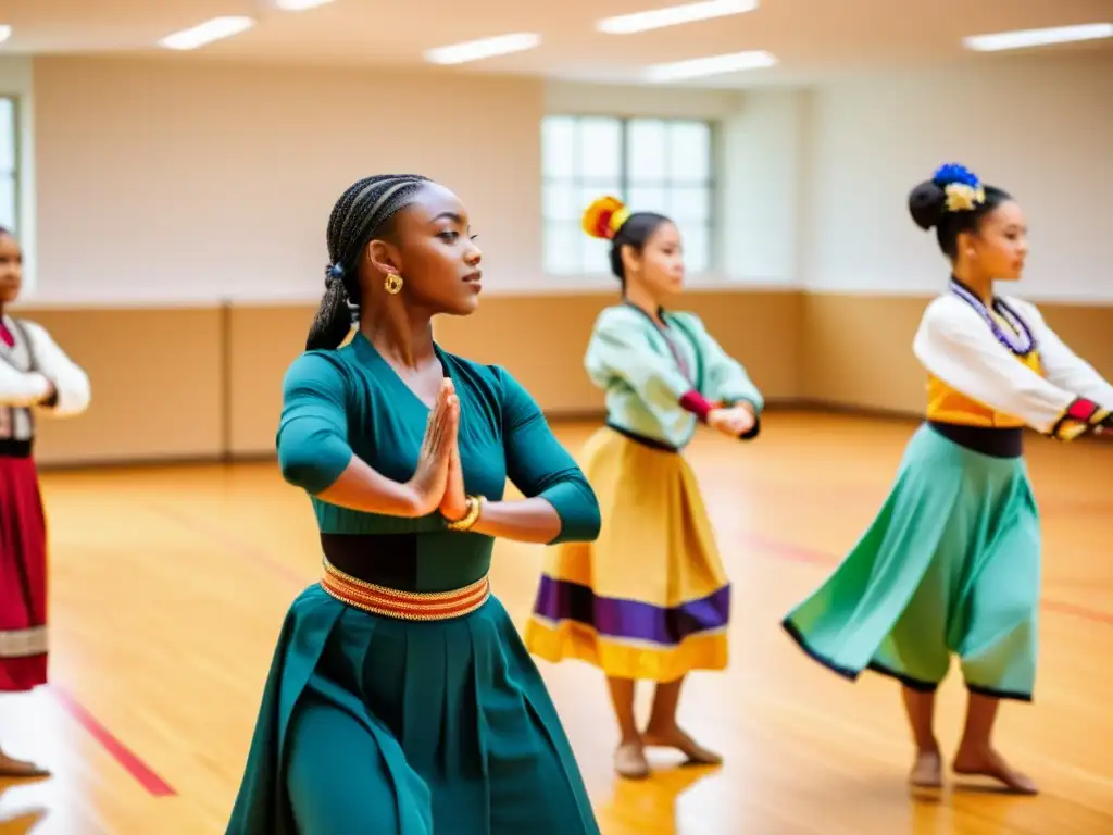 Estudiantes practicando danzas tradicionales con expresión y determinación en un estudio luminoso y decorado, guiados por un instructor