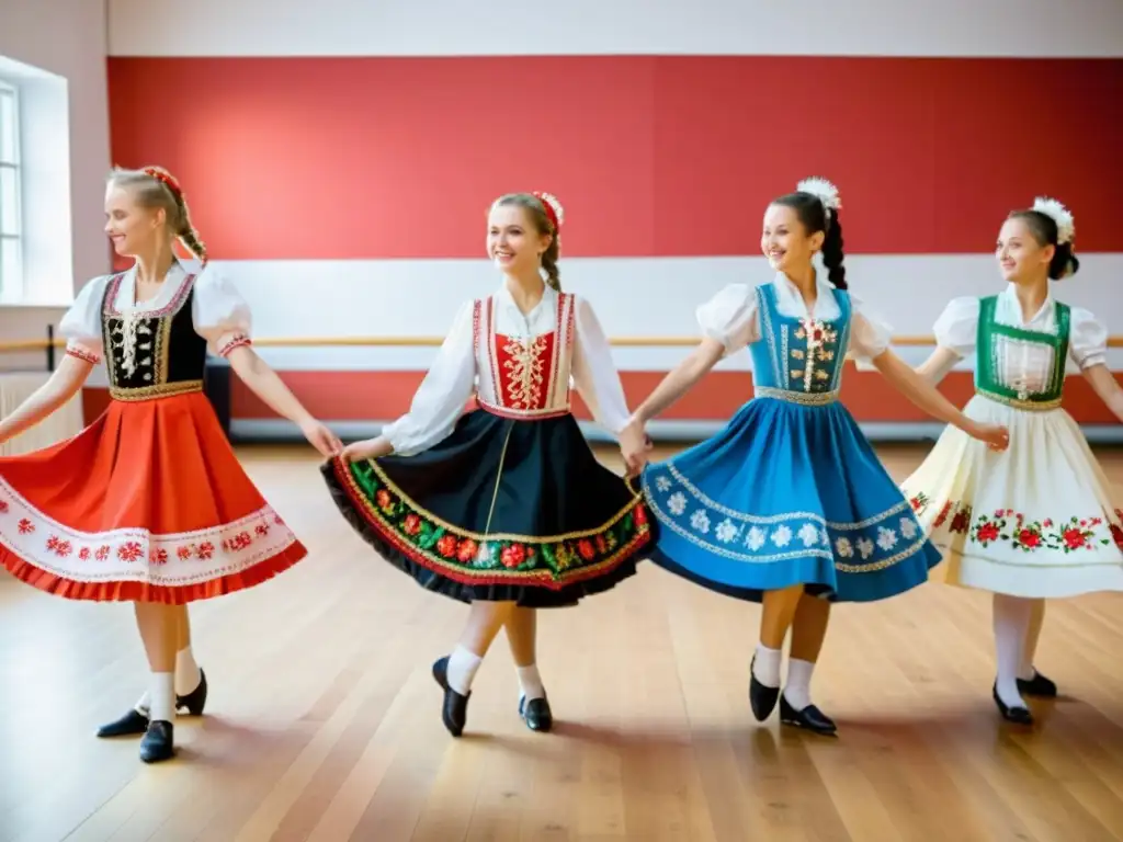 Estudiantes practicando danzas tradicionales polacas educativas en un estudio luminoso