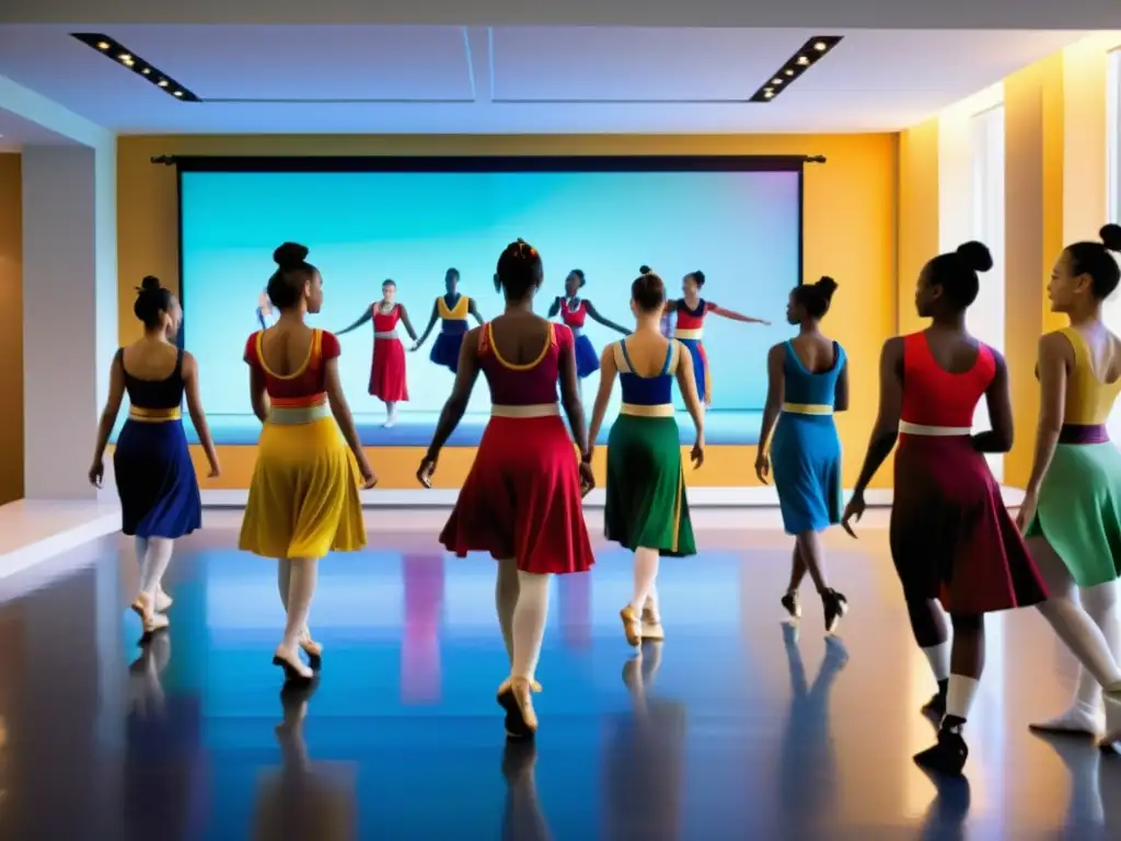 Estudio de baile moderno fusiona tradición y tecnología Estudiantes practican danzas tradicionales con software de vanguardia en un estudio moderno iluminado por luz natural