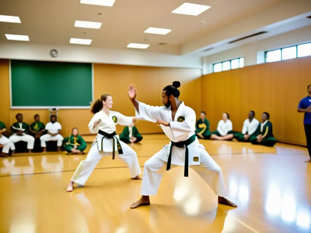 Estudiantes realizando una demostración dinámica de capoeira en el aula, fomentando la transmisión de capoeira en aulas con energía vibrante