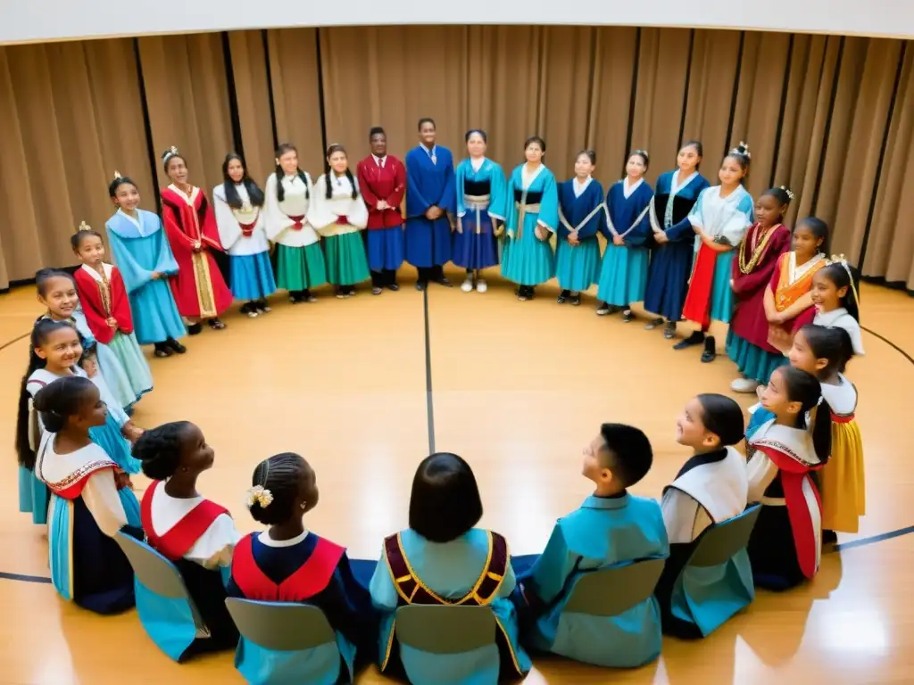 Estudiantes de diferentes edades y culturas danzan juntos en trajes tradicionales, transmitiendo integración de danzas tradicionales en educación