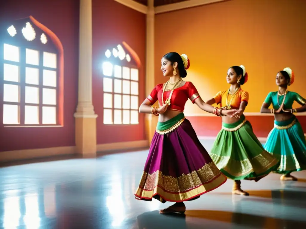 Estudiantes bailando en una escuela de danza tradicional en la India, reflejando el significado cultural de las danzas tradicionales