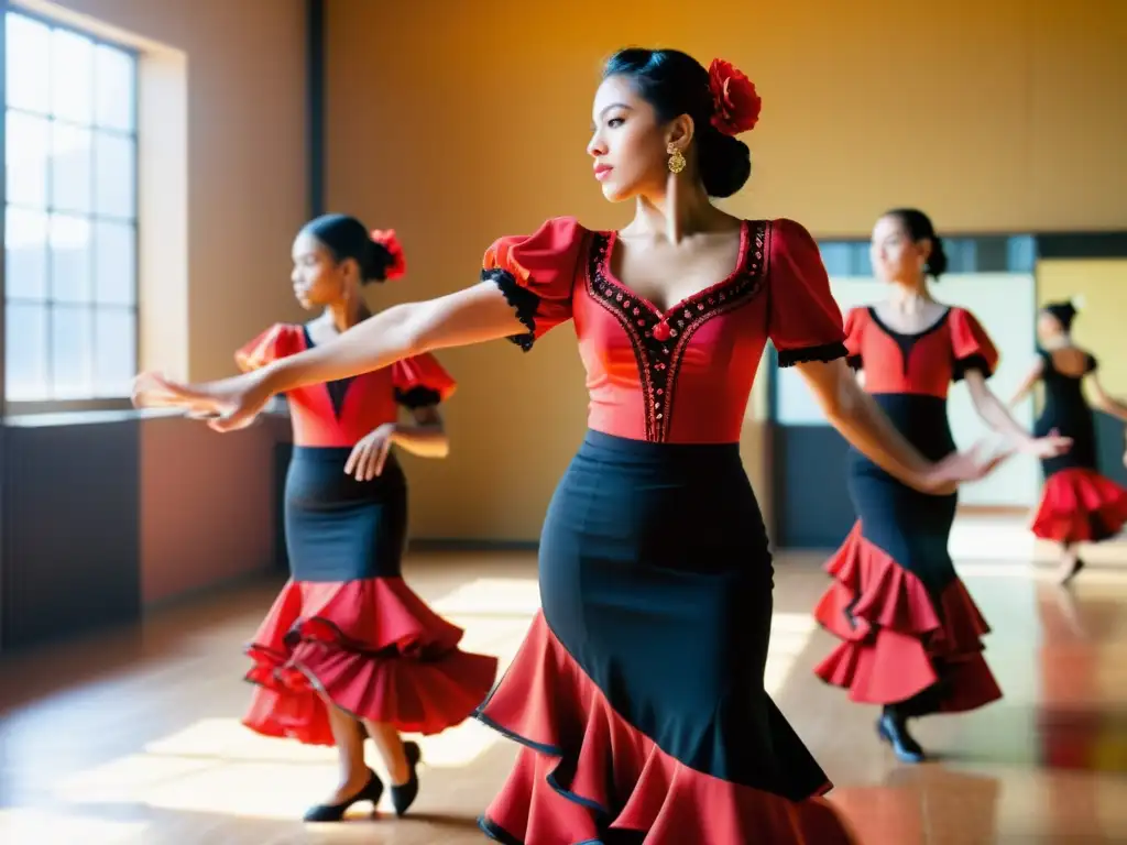 Estudiantes practican flamenco con intensidad y pasión, mientras el instructor guía