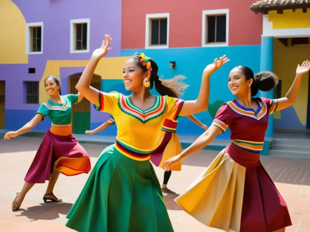 Estudiantes latinos realizan danza tradicional con pasión y destreza, en un patio escolar iluminado por el sol