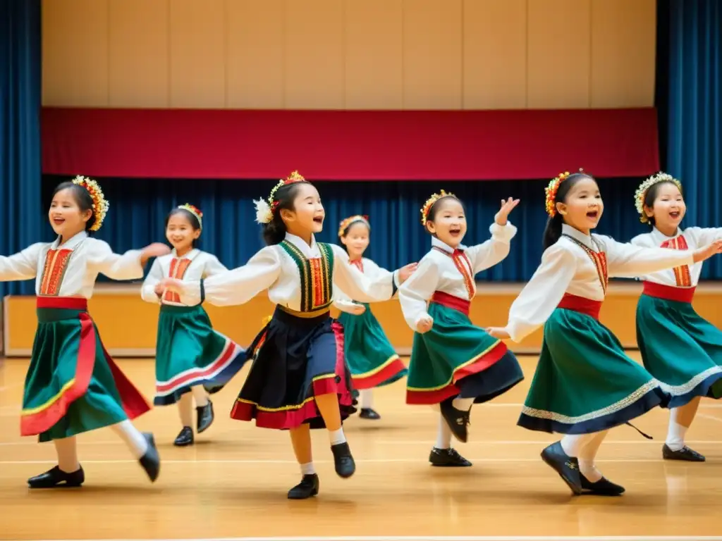 Estudiantes de primaria bailando danzas folclóricas en el escenario, irradiando alegría y cultura