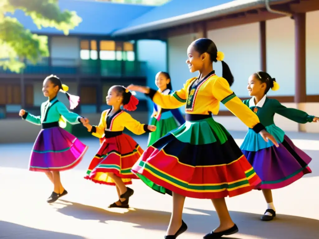 Estudiantes de primaria practicando danzas tradicionales en el patio escolar, reflejando la enseñanza de danzas tradicionales en escuelas