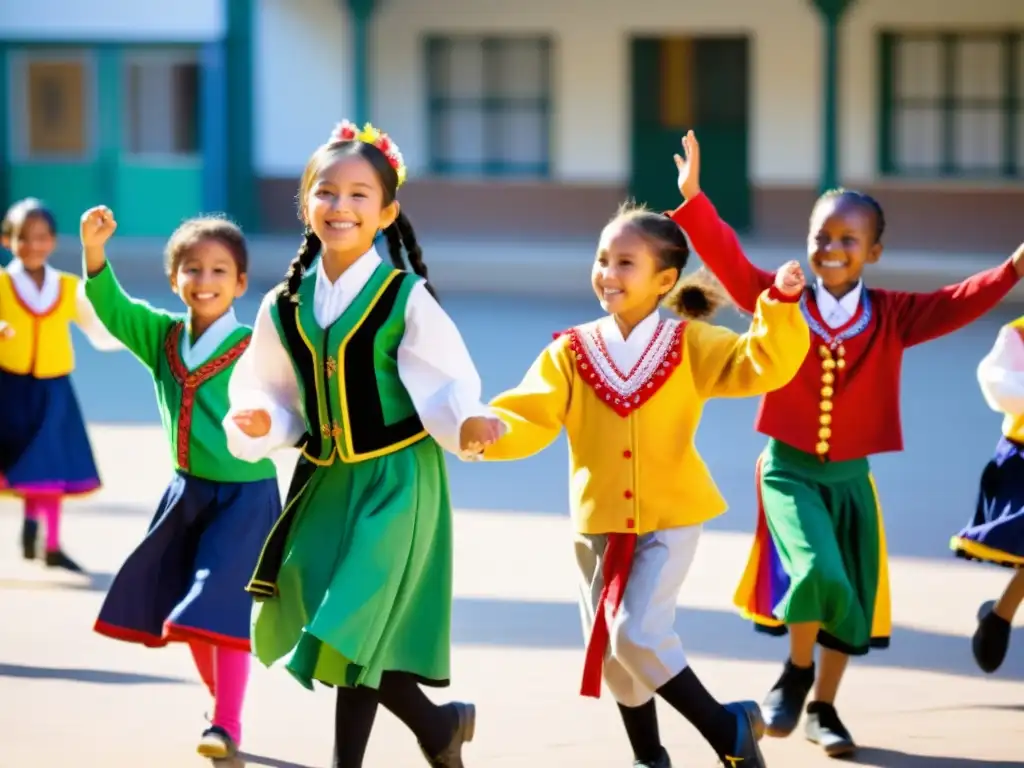 Estudiantes de primaria bailando danzas tradicionales en el patio escolar al sol, promoviendo la enseñanza de danzas tradicionales en escuelas