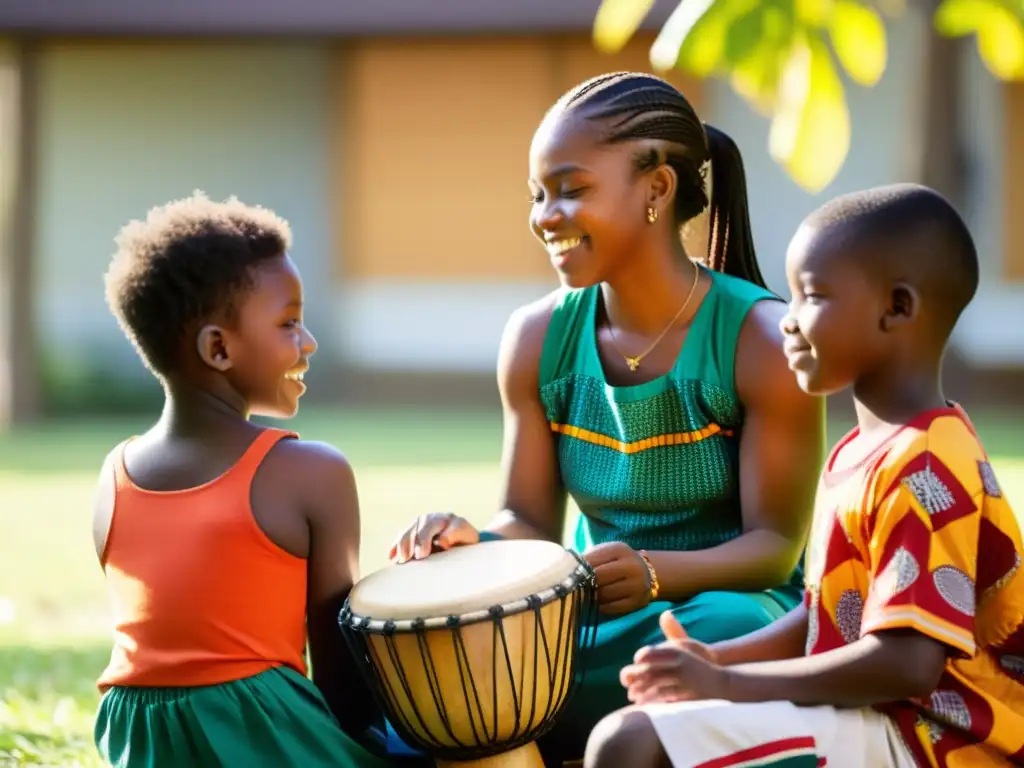 Estudiantes tocando tambores africanos con pasión bajo la guía de un instructor