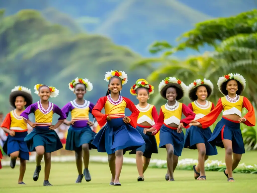 Estudiantes de Oceanía danzando en trajes coloridos, demostrando su herencia cultural