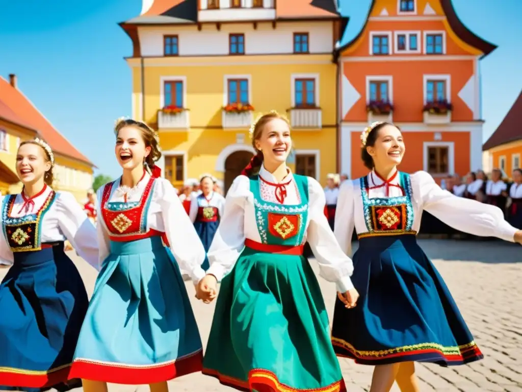 Estudiantes en trajes folclóricos polacos realizando una animada danza polca en una plaza soleada, expresando la esencia de las danzas tradicionales polacas educativas