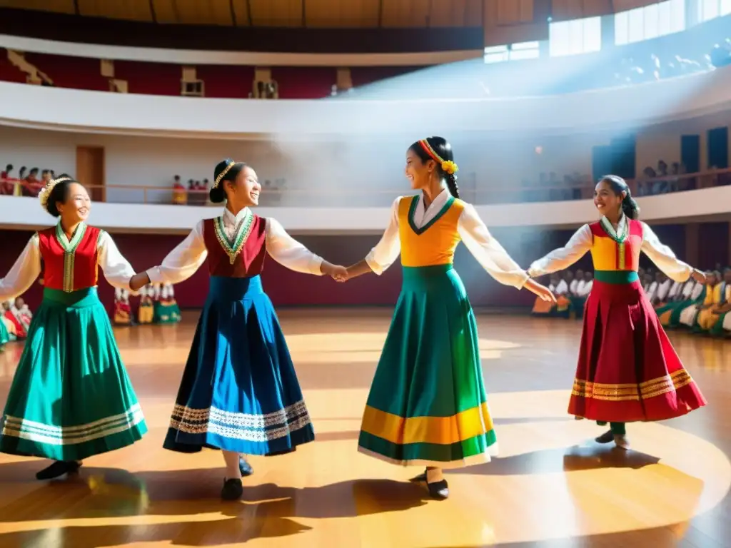 Estudiantes danzando en trajes tradicionales en un auditorio soleado, mostrando la enseñanza de danzas tradicionales a grandes grupos