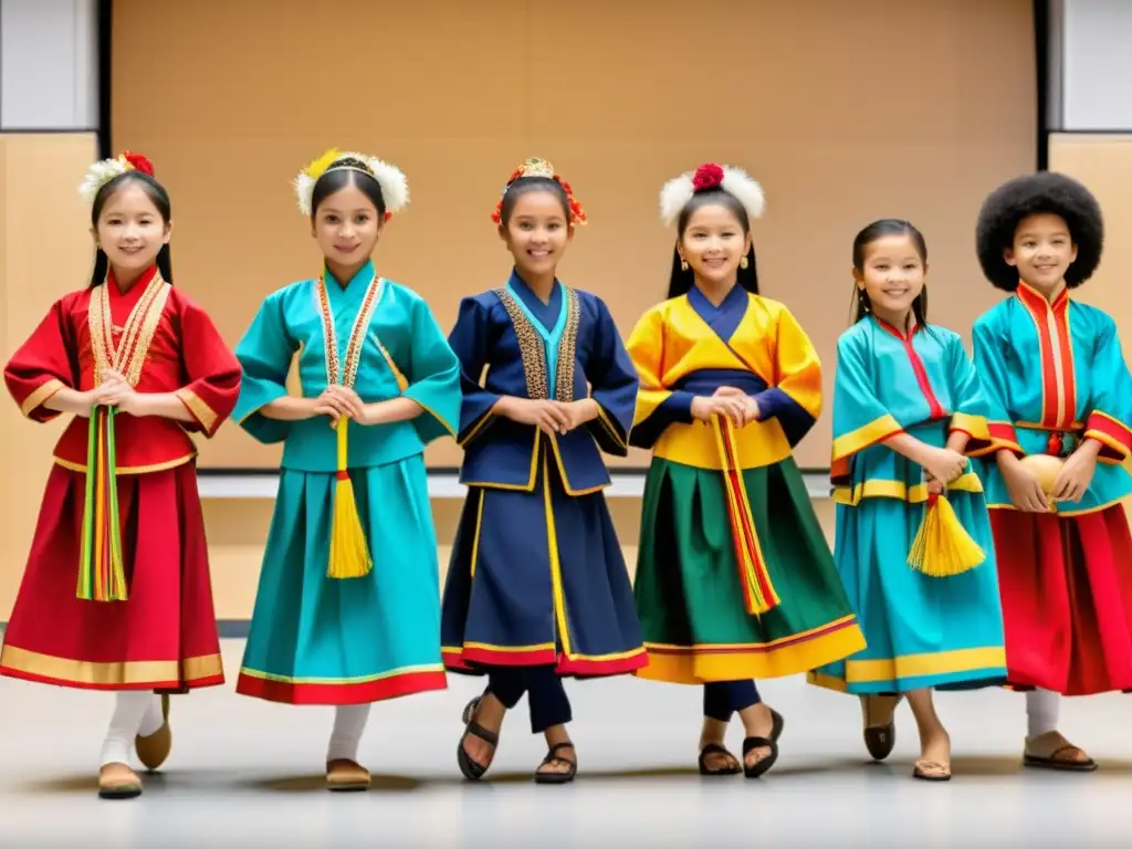 Estudiantes en trajes tradicionales danzan con pasión en aula digital, fusionando educación digital con danzas tradicionales significado