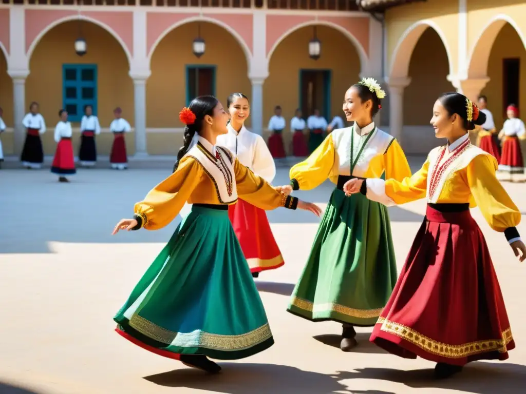 Estudiantes en trajes tradicionales practicando danza folclórica al aire libre