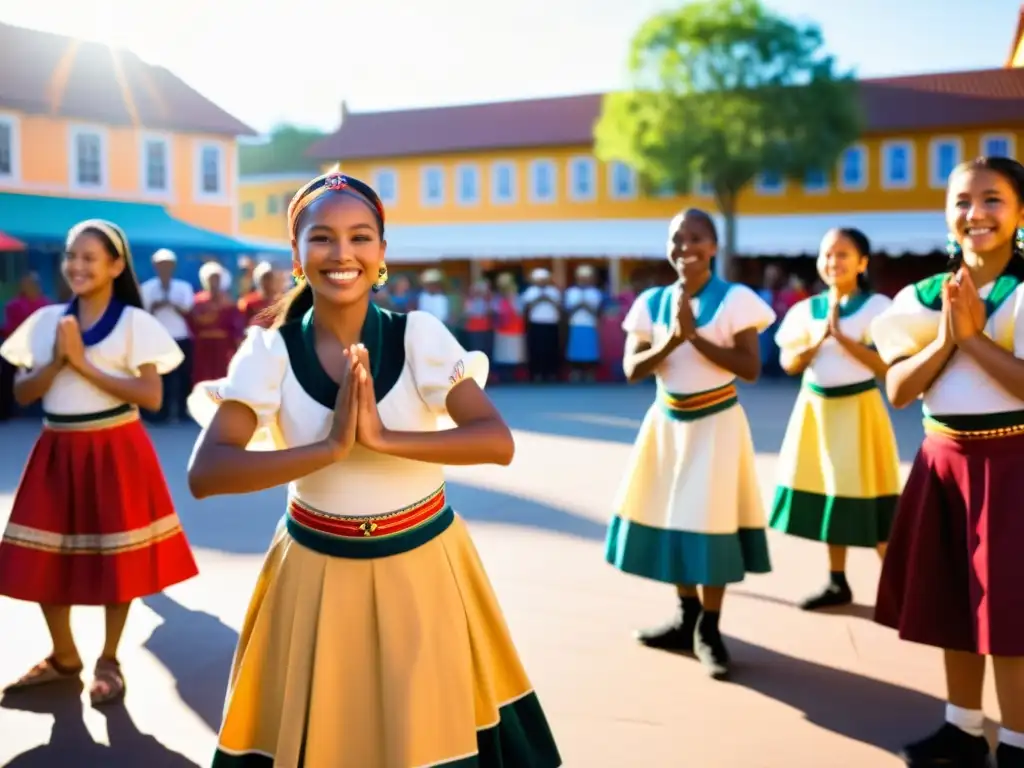 Estudiantes danzando en trajes tradicionales, transmitiendo la rica herencia cultural a la comunidad