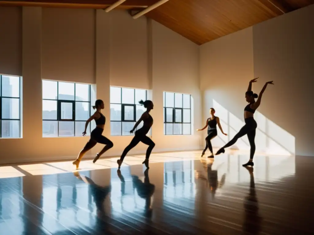 Un estudio amplio y luminoso donde bailarines contemporáneos ensayan con pasión y precisión, creando una energía palpable