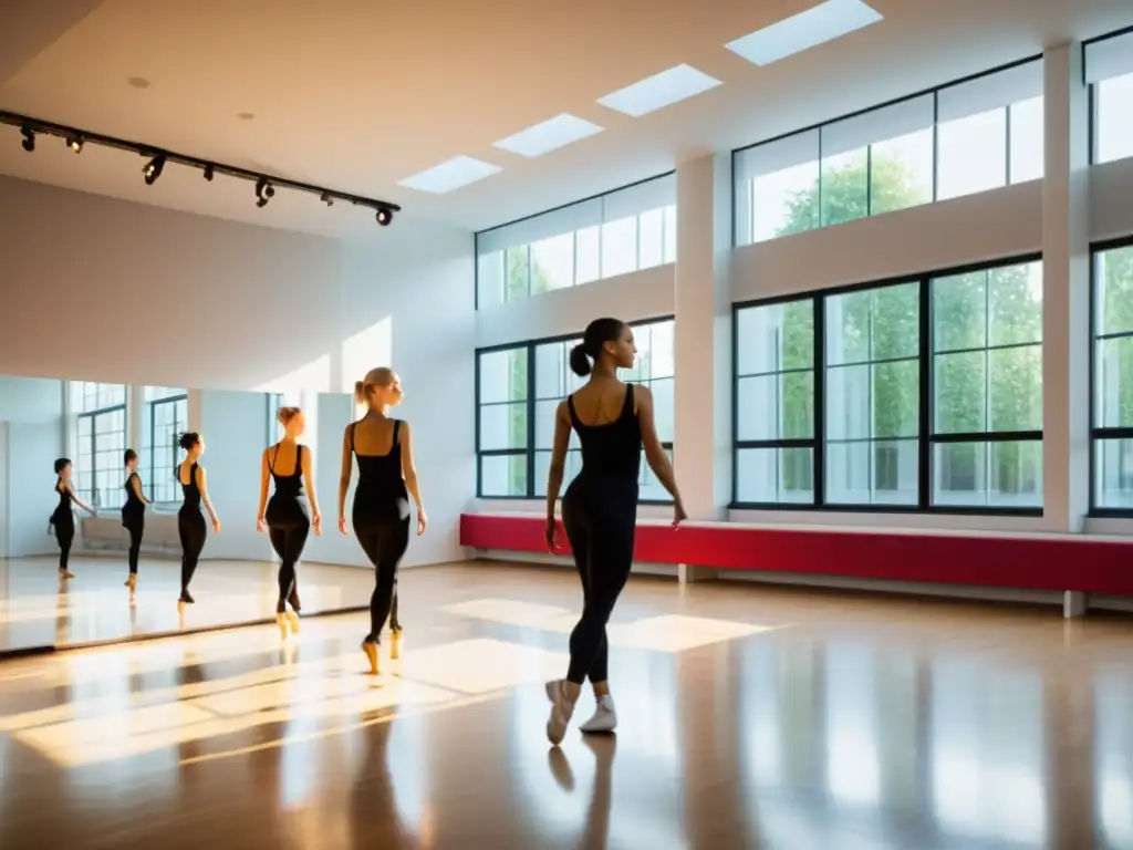 Estudio de baile contemporáneo en Europa, lleno de luz natural y movimiento vibrante