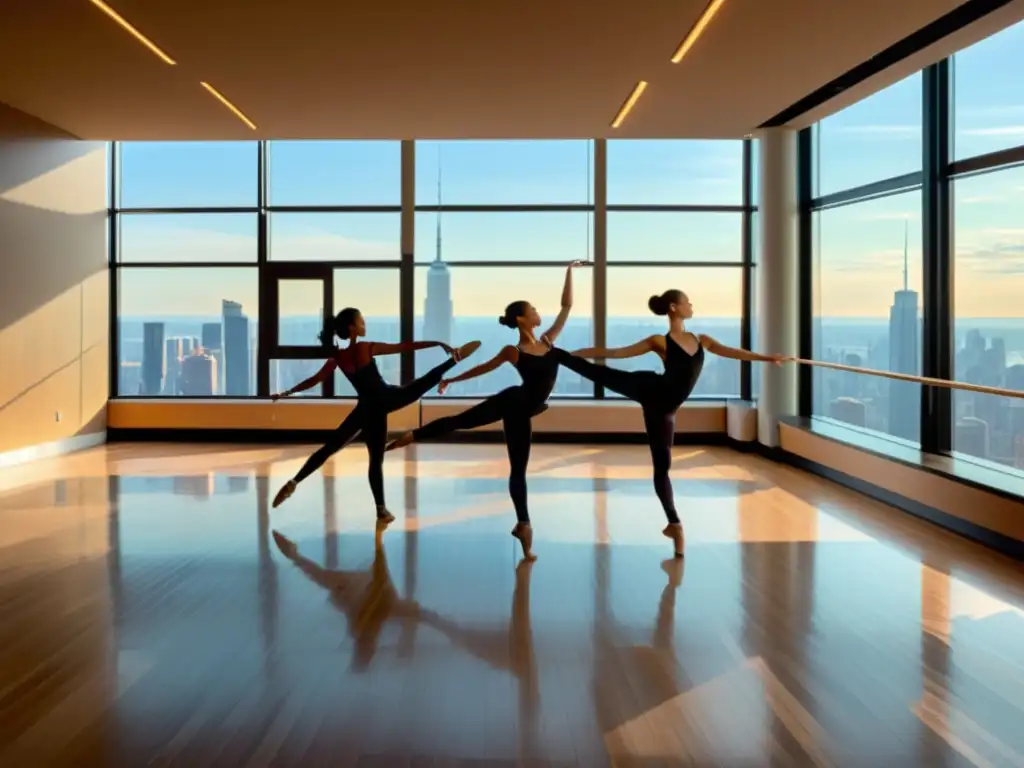 Un estudio de baile lujoso con bailarines en rutina expresiva